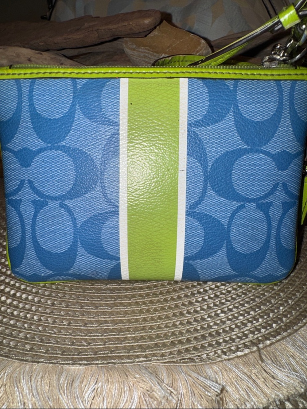 Coach Blue Signature Canvas Wristlet with Lime Stripe - Picture 5 of 7